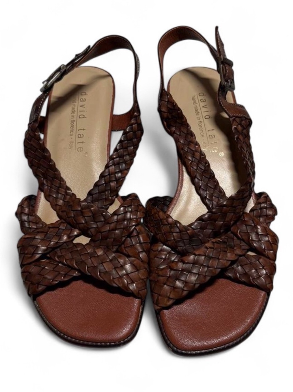 David Tate Brown Braided Leather Sandals Handmade Italy Slingback Low Heel - 11